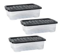 TENLITE - 30L Litre Curve Clear Plastic Storage Box with Black Lid | Organiser Box Stackable Nestable Container | Perfect For Home & Office (30 Litre)