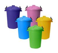 TENLITE 5 Pack - Colour Coded Plastic Recycling & Waste Bins with Lids - Pink, Purple, Sky Blue, Yellow & Lime Green Heavy Duty Rubbish Dustbins for Home, Garden, Schools, Offices & Outdoor Use.