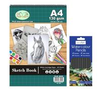 TENLITE A4 Sketch Pad with 12 Watercolour Pencils - 130gsm Spiral Bound Drawing Pad for Artists, Kids & Beginners - Art Set with Acid-Free Cartridge Paper for Sketching, Watercolour, and Colouring
