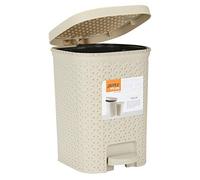 TENLITE (Beige 7L Square Plastic Pedal Bin - Rattan-Style Waste Bin with Foot Pedal, Hinged Lid & Inner Bucket - Compact, Hygienic Rubbish Bin for Bathroom, Kitchen, Bedroom & Office Use