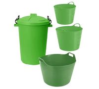 TENLITE - Bulk Pack of 4 - 26L/42L/75L Flexi Carry Tubs with Handles & 50L Heavy-Duty Lock Lid Bin - Strong Plastic Storage for Rubbish, Recycling, Garden, Animal Feed & Garage/Household (Lime Green)
