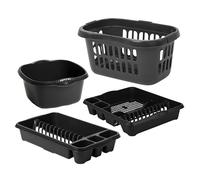 TENLITE Complete Kitchen Storage & Washing Up Set - 32cm Square Bowl, 60L Hipster Basket, Large & Medium Dish Drainers - Durable Sink & Countertop Organiser for Everyday Use - (Midnight Greyish)