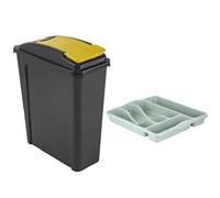 TENLITE - High Grade Plastic Small 5 Compartment Cutlery Holder Drawer Organizer Tray and 25 Litre Recycle Slim Line Flap Lid Bin For Home/Kitchen (Silver Sage, Yellow)
