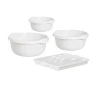 TENLITE Large Cutlery Tray & 3 Piece Washing Up Bowl Set - 28cm 32cm 36cm Round Plastic Basins - Kitchen Sink Bowl, Utensil Drawer Organiser, Household Cleaning, Washing, Storage Set - (Snow White)