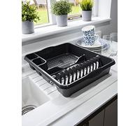 TENLITE Large Dish Drainer Plate Cutlery Tray Rack Plastic Kitchen Sink Holder Stand, (46.5 x38.0 x9.0 cm) Dish Drying Rack with Two Compartments - Midnight Greyish Or Dark Grey.
