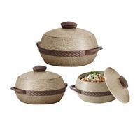 TENLITE Natural Wood Light Brown Casserole Set of 3 - Insulated Hot Pots with Stainless Steel Inner (1000ml, 1500ml, 2000ml) - Double Wall BPA-Free Food Warmers for Hot & Cold Serving