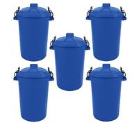 TENLITE (Pack Of 5 - Blue Colour 80L/85L Litre Heavy Duty Plastic Clip Lock Lid Bin Indoor or Outdoor Rubbish, Dustbin, Trash Can, Waste or Storage of Animal Feed - Made In UK