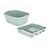 TENLITE SET OF 2 Large Rectangular Washing Up Bowl with large Dish Drainer For Kitchen Utensils - (Silver Sage, Rectangular Bowl, Large Dish Drainer)