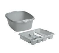TENLITE SET OF 2 Large Rectangular Washing Up Bowl with large Dish Drainer For Kitchen Utensils - (Silver, Rectangular Bowl, Large Dish Drainer)