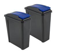 TENLITE - Set of 2 X 25L Slimline Flap Lid Recycling Bin - Strong Plastic Waste Rubbish Bin & Compact Dustbin in Stylish BLUE - Space-Saving Trash Can for Kitchen, Bathroom, Bedroom, Garden