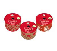 TENLITE (Set of 3) - Christmas Fabric Ribbons - 6m/6 Yards, 5.5cm Wide - Red Holiday Ribbons with Snowflakes, Reindeer, and Christmas Trees - Ideal for Crafting, Gift Wrapping, and DIY Decorations.