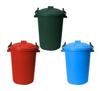 TENLITE Set of 3 - Heavy Duty Plastic Clip Lock Lid Bin Indoor or Outdoor Rubbish, Trash Can, Dustbin Waste or Storage of Animal Feed, Colourful Bins - Made in U.K. (Dark Green, Red & Sky Blue)