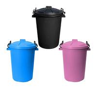TENLITE Set of 3 - Heavy Duty Plastic Clip Lock Lid Bin Indoor or Outdoor Rubbish, Trash Can, Dustbin Waste or Storage of Animal Feed, Colourful Bins - Made in U.K. (Black, Sky Blue & Pink)