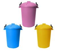 TENLITE Set of 3 - Heavy Duty Plastic Clip Lock Lid Bin Indoor or Outdoor Rubbish, Trash Can, Dustbin Waste or Storage of Animal Feed, Colourful Bins - Made in U.K. (Pink, Sky Blue & Yellow)