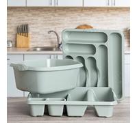 TENLITE Set of 3 - Large Rectangular Washing Up Bowl With Dish Drainer & 7 Compartments Cutlery Tray for Home Kitchen Utensils (Silver Sage)