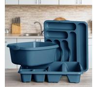 TENLITE Set of 3 - Large Rectangular Washing Up Bowl with Dish Drainer & 7 Compartments Cutlery Tray for Home Kitchen Utensils - (Navy)