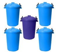 TENLITE (Set Of 5 50L Heavy Duty Storage Bins - Sky Blue & Purple Bins with Secure Clip-Lock Lids - Tough, Weather-Resistant Plastic - Perfect For Waste, Recycling, Animal Feed Storage.