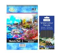 TENLITE Sketch Pad with 12 Watercolour Pencils - Drawing Book with 130gsm Acid-Free Cartridge Paper - Art Kit for Beginners, Kids, Adults - Creative Set for Sketching, Painting & More - (A3)