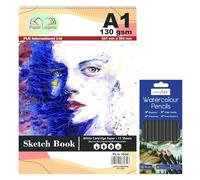 TENLITE Sketch Pad with 12 Watercolour Pencils - Drawing Book with 130gsm Acid-Free Cartridge Paper - Art Kit for Beginners, Kids, Adults - Creative Set for Sketching, Painting & More - (A1)