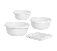 TENLITE Small Cutlery Organiser Tray & 3 Piece Washing Up Bowl Set - 28cm 32cm 36cm Round Plastic Basins - Kitchen Sink Bowls, Utensil Drawer Storage, Household Cleaning & Washing Set - (Snow White)