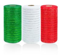 tenn well 3 Rolls Poly Mesh Ribbon for Wreath Making, 6 Inch x 10 Yards Red Green White Stripe Deco Mesh Ribbon Rolls for Christmas Tree Decoration and Swags