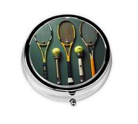 Tennis Balls and Rackets Take-Along Pill Box, Portable Round Pill Box, fits in Your Purse Pocket Lightweight 3 Compartment Pill Box,