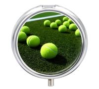 Tennis Balls Metal Pill Organizer, 3 Compartment Waterproof Pill Case with Mirror for Purse Pocket Bag, Daily Medicine Vitamin Holder, Portable Travel Med Container(Round)