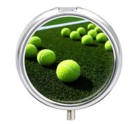 Tennis Balls Travel Pill Box Case 3 Compartment Cute Pill Organizer Metal Pill Holder with Mirror Small Medicine Organizer Daily Pill Container for Purse Pocket Portable Meds Box