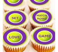 Tennis Cake Toppers - Edible Wafer - 24 x 4cm - Tennis Cupcake Decorations - Game Set Match Love Tie Break Deuce Out Balls