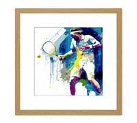 Tennis Player Hitting Ball Racquet Action Colourful Sport Painting Square Wooden Framed Wall Art Print Picture 8X8 Inch Artery8 Light Oak One Size