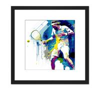 Tennis Player Hitting Ball Racquet Action Colourful Sport Painting Square Wooden Framed Wall Art Print Picture 8X8 Inch Artery8 Black One Size