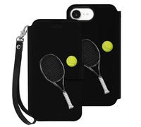 Tennis Racket And Ball Leather Wallet Phone Case Compatible with iPhone 16 Series Printed Wrist Strap Flip Protective Cover