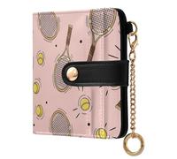 Tennis Racket Ball Pink Pattern Small Women Wallet PU Leather RFID Blocking Bifold Compact Card Holder with Coin Pocket Zipper Purse for Girls Women Ladies