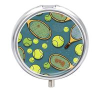 Tennis Racquets and Balls Travel Pill Box Case 3 Compartment Cute Pill Organizer Metal Pill Holder with Mirror Small Medicine Organizer Daily Pill Container for Purse Pocket Portable Meds Box