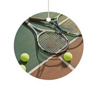 Tennis Racquets and Tennis Balls Ceramic Ornaments with Hanger Round Porcelain Ornaments Personalized Xmas Tree Keepsake Crafts Gift for Christmas and Thanksgiving Decoration
