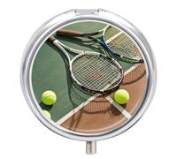 Tennis Racquets and Tennis Balls Pill Case with 3 Compartments - Portable Travel Pill Organizer for Purse, Easy-Open Button Design, Small Round Pillbox Vitamin Holder Organizer for Women Men