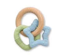 TenOne® Silicone & Wooden Baby Teether, EN71-Certified Safe Teething Ring for Babies 3 Months+, Soft Sensory Chew Toy (Blue Star/Green Heart)