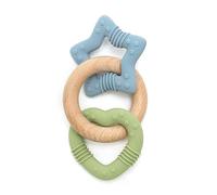 TenOne® Silicone & Wooden Baby Teether, EN71-Certified-Safe Teething Ring for Babies, Soft Sensory Chew Toy, Colourful Toy (Blue Star/Green Heart)