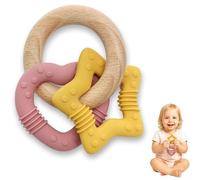 TenOne® Teething Toys for Baby, Soft Silicone Teether Toy with Wooden Teething Ring, Safe and BPA Free, Soothing Gum Relief, Perfect Baby Gift (Yellow Star, Pink Heart)