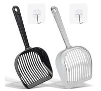 Tenorbass 2 Pack Cat Litter Scoop with Hook, 26cm Durable Plastic Sifting Litter Scoop, Long Handle Cat Poop Scooper, Easy Clean Pet Waste Tool for All Litter Types, Black & Transparent
