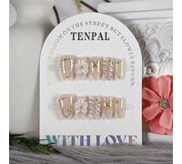TENPAL 10Pcs Short Almond Oval Press On Nails With Tools,Nude Pink Fake Nails with 3D Flowers & Cat Eye Designs,Glitter Gold Edge Glue on Nails, Glossy Handmade Acrylic False Nails for Daily Party(XS)