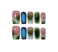 TENPAL Glossy Handmade Press on Nails Medium Long Square - Icy French Green Blush 3D Floral Embossed Glossy False Nails for Women-Y2K Gradient Green Fake Nails for Winter Fall(S)