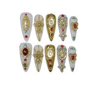 TENPAL Handmade Press on Nails Long Stiletto - Religious Metallic 3D Design Fake Nails with Our Lady Cross & Angel Charms,Acrylic Glossy Luxury Baroque Gothic Style False Nails for Formal Events(M)