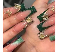 TENPAL Long Square Press On Nails,Glossy Green French Tip Designs False Nails with Ombre Effect, 3D Butterfly&Full Rhinestone Accents, 24pcs Reusable Fake Nails Kit,Self-Adhesive,Daily&Party Wear