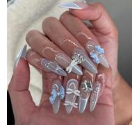 TENPAL Stiletto Press on Nails with Tools Kit,Glitter Burst French Blue Bow Fake Nails with Soft Gel,3D Rhinestones Sparkle Bows Princess Style False Nails for Sweet Girls, Party/Daily Wear 24pcs