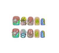 TENPAL V-Shape French Tips Square Nails,Acrylic Press on Nails with 10pcs Kit,Sweet Edgy Y2K Hand-Painted Art False Nails,Neon Yellow-Green Fake Nails with 3D Stars, Hearts, Rhinestones Flowers(S)