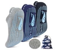 TENQUAN 3 Pairs Non Slip Yoga Socks, Anti-skid Yoga Socks Pilates Socks Grippy Socks for Women Men Cotton Socks with Grip for Home Hospital Workout Sports Fitness (Blue Grey Black)