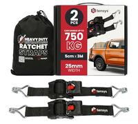 TENSYS Auto Retractable Ratchet Tie Down Straps Set - Heavy Duty Self Retracting Rachet Strap with Hooks for Cargo Luggage Motorcycle Furniture Roof Rack Accessories Rope Cord Black, 2 Pack, 50mmx3m