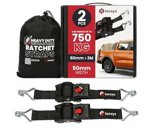 TENSYS Auto Retractable Ratchet Tie Down Straps Set - Heavy Duty Self Retracting Rachet Strap with Hooks for Cargo Luggage Motorcycle Furniture Roof Rack Accessories Rope Cord Black, 2 Pack, 50mmx3m
