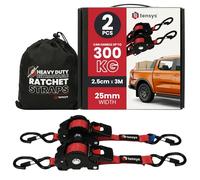 TENSYS Retractable Ratchet Tie Down Straps Set - Heavy Duty Auto Self Retracting Ratchet Straps with Padded Handles for Cargo Luggage Furniture Motorcycle Roof Rack, Red, 2 Pack, 25mm x 3m